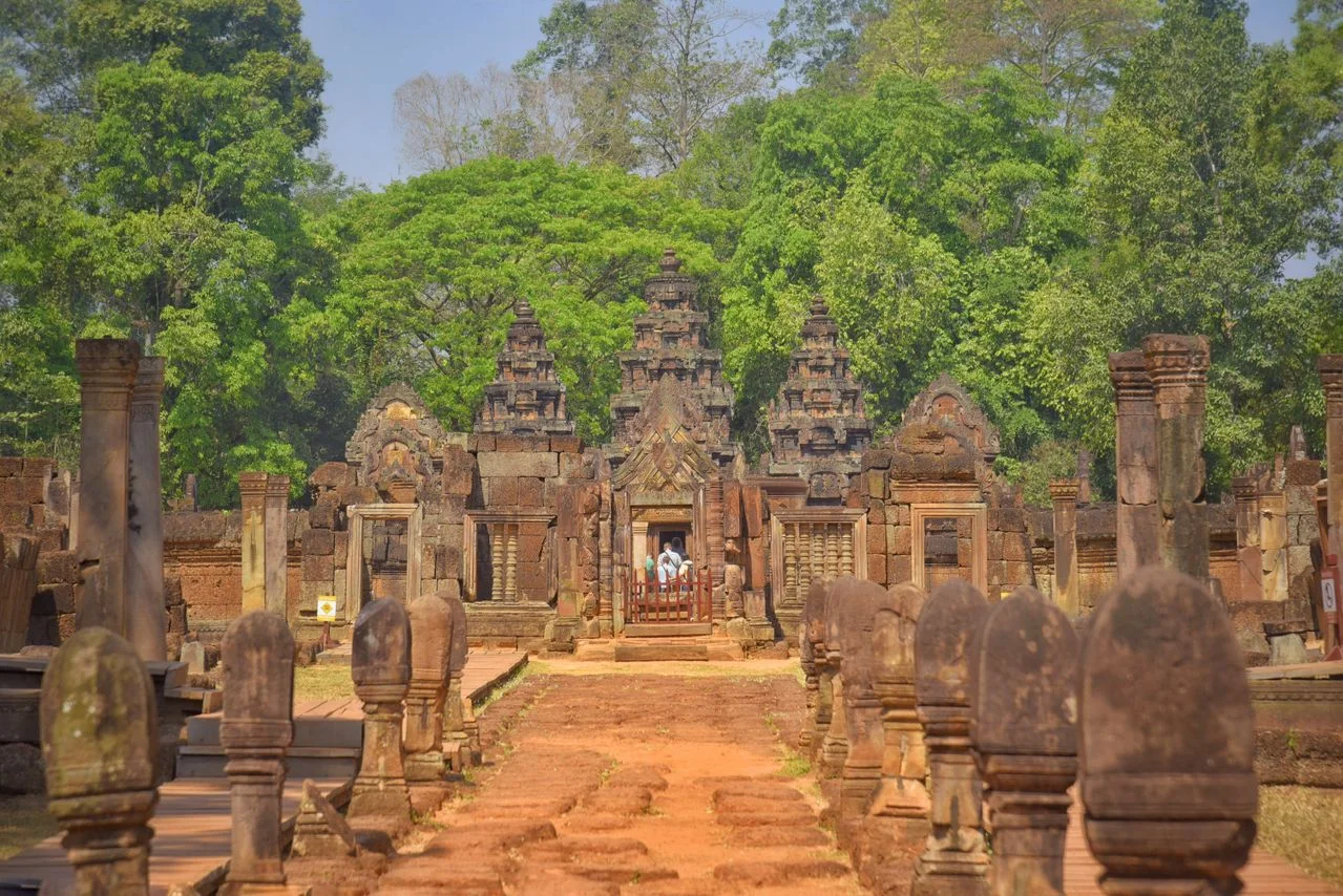 The intricate pink sandstone carvings of Banteay Srei temple, Siem Reap