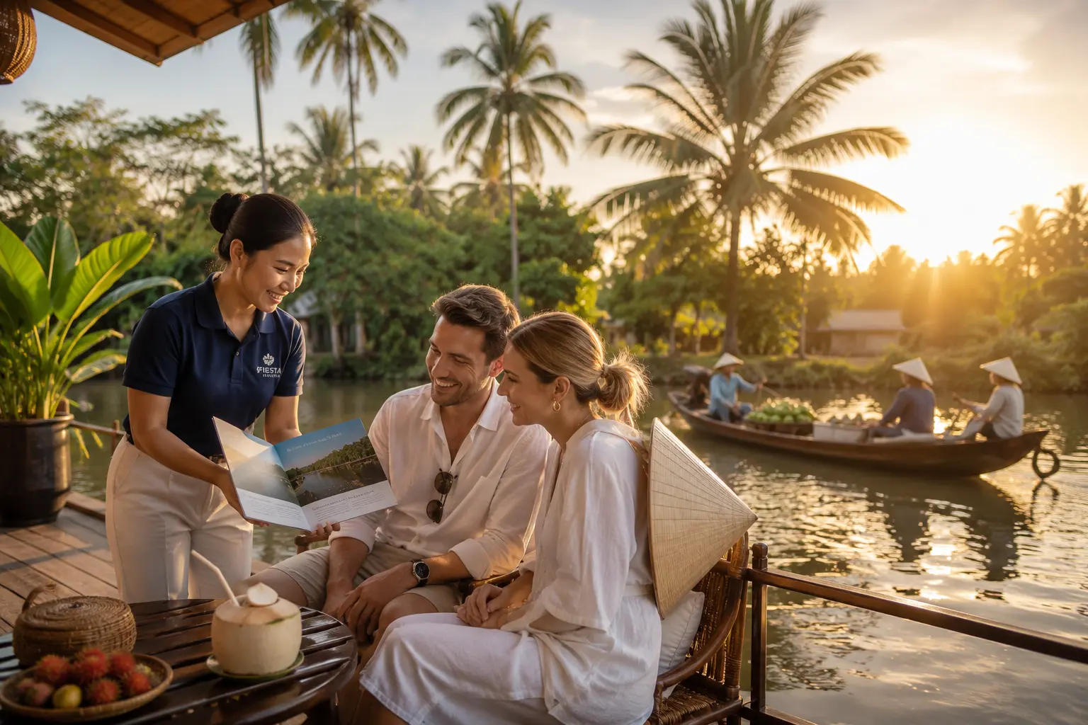 A guide going through an itinerary with travel clients on a riverside deck in the Mekong Delta