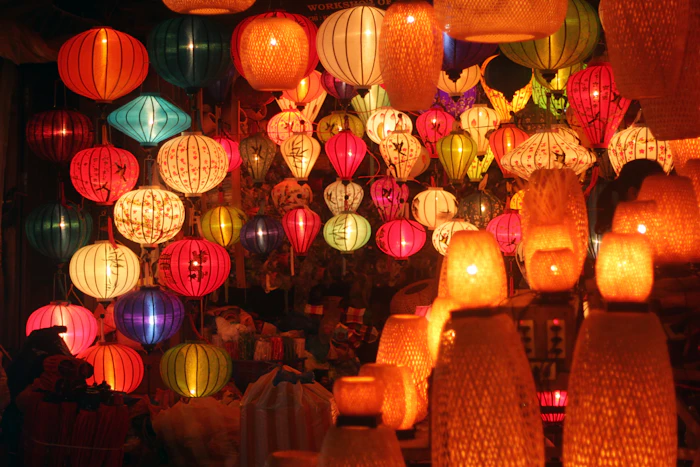 Colourful silk lanterns glowing in Hoi An