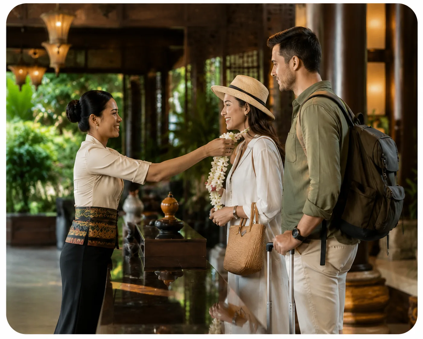 Hotel staff greeting arriving guests with a jasmine garland in a timber-framed lobby